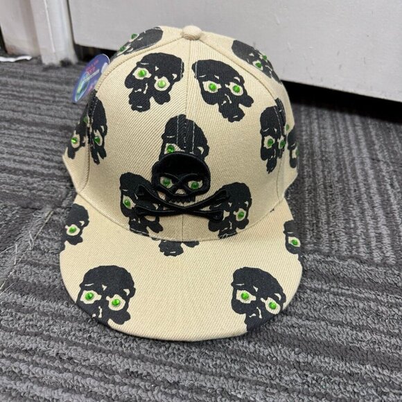 Tan and black fitted baseball cap rhinestone embellished skulls - Picture 1 of 5